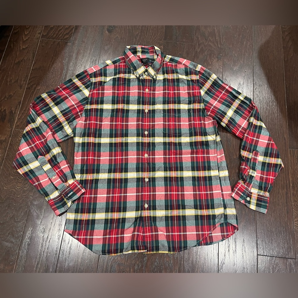 J Crew Men’s Red Plaid Oxford Button Down Cotton Shirt Large Holiday Classic